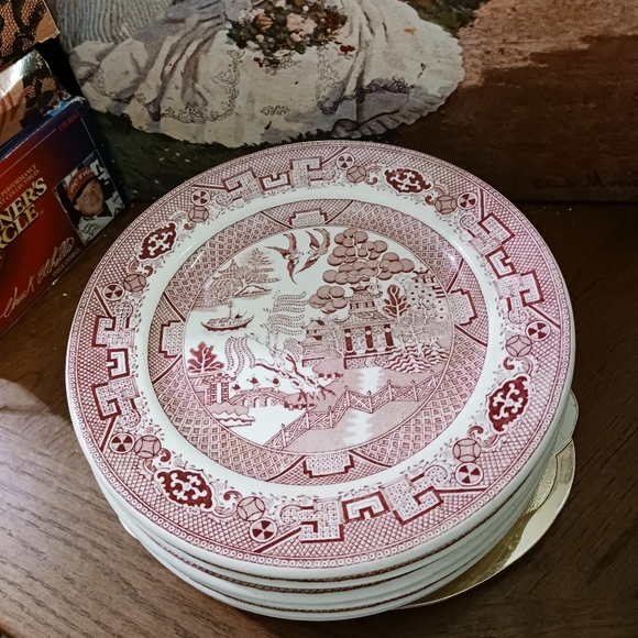 6 Walker China Red ๐ฅ5" Plates White with ๐Red Oriental Scenes,๐USA made.๐๐ฑ - Picture 2 of 14